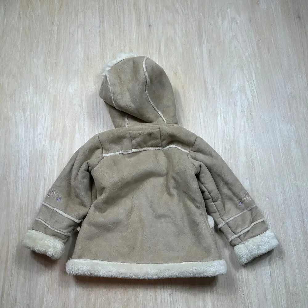 Arizona Jean Co Girls Tan Faux Suede Sherpa Embroidered Y2K Hooded Winter Coat 4